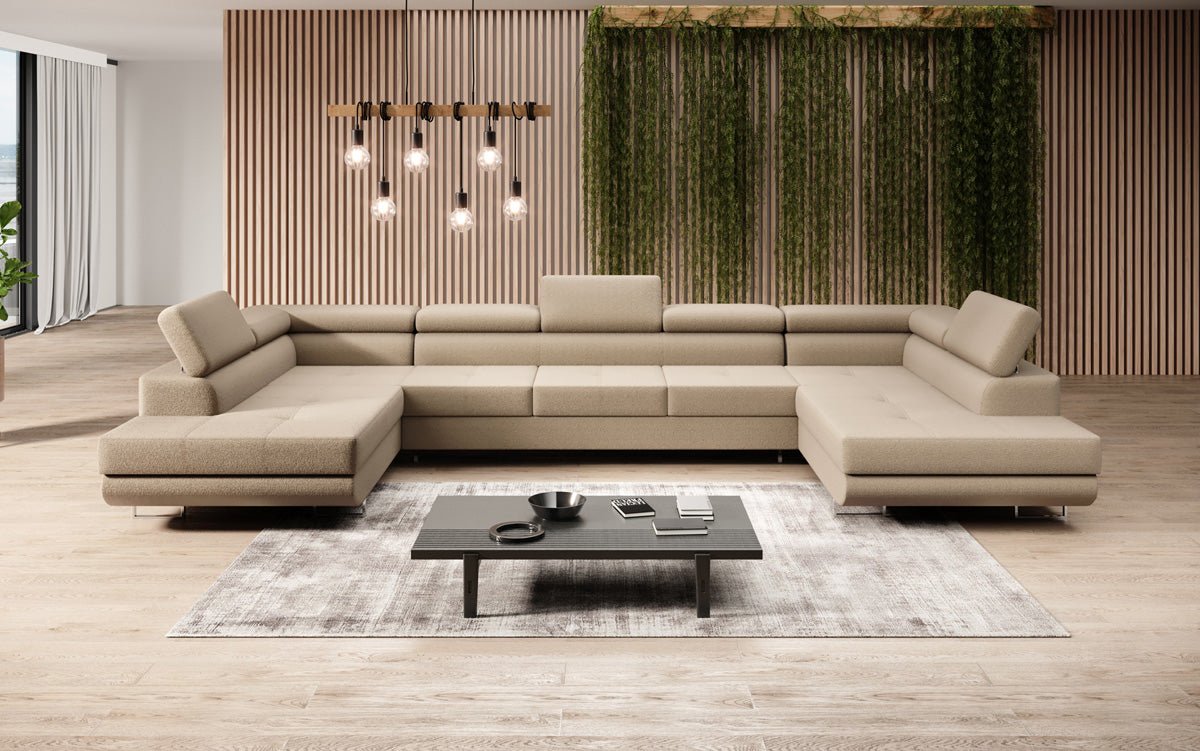 Projektowana sofa Taormina z funkcją spania i składania w bouclé