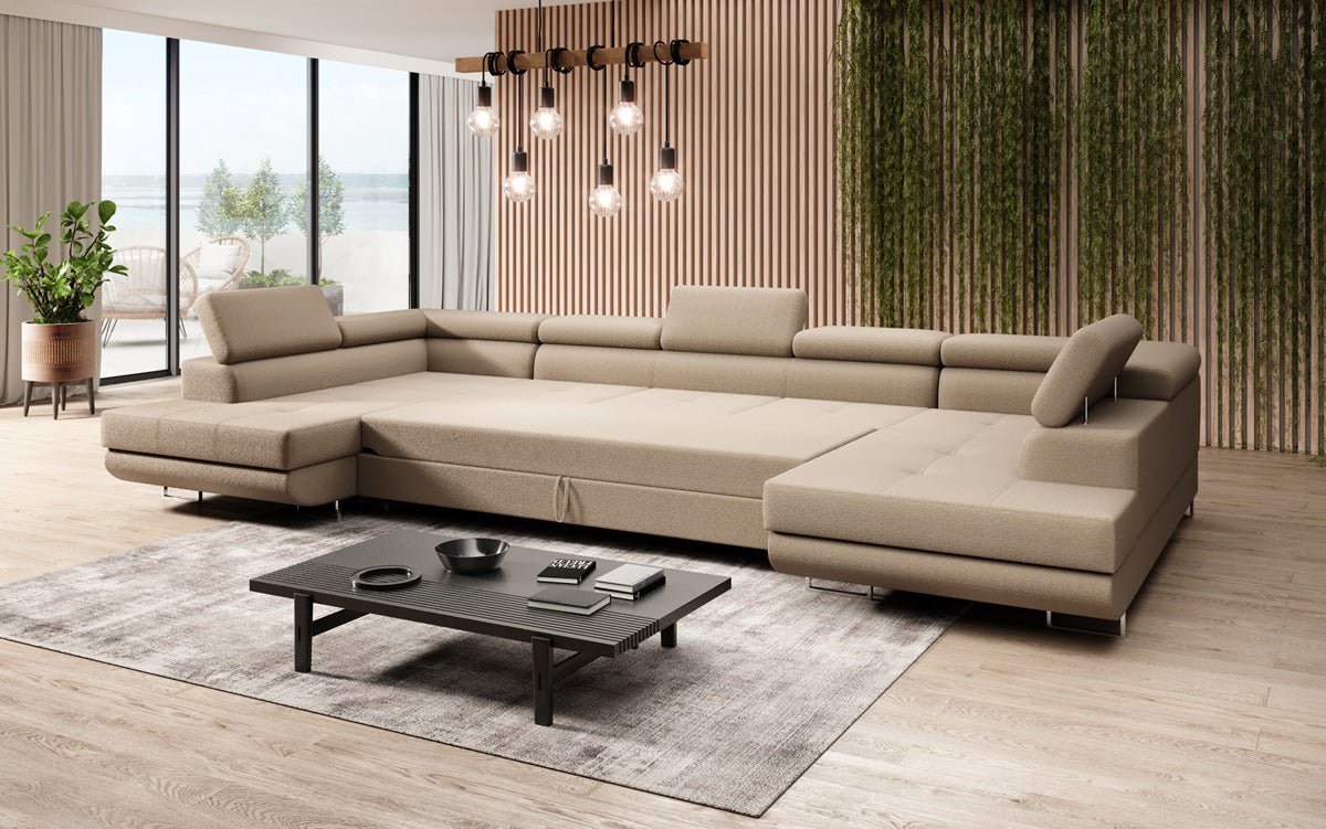 Projektowana sofa Taormina z funkcją spania i składania w bouclé