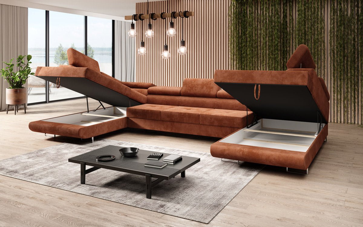Sofa designerska Taormina z funkcją spania i składania, wykonana z sztruksu