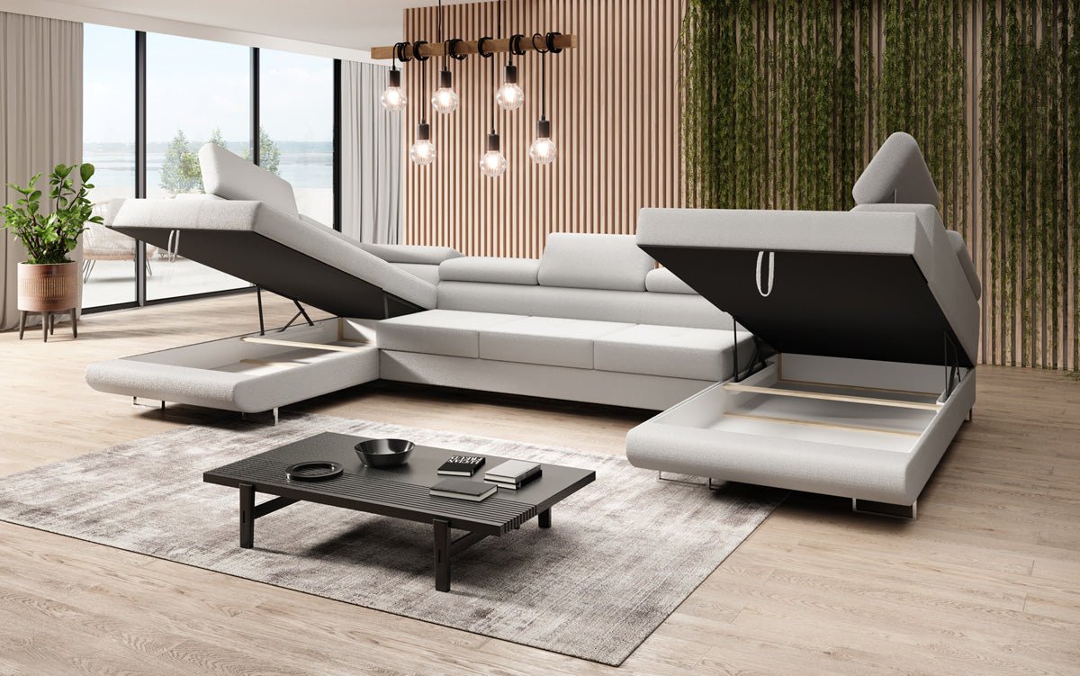 Projektowana sofa Taormina z funkcją spania i składania w bouclé