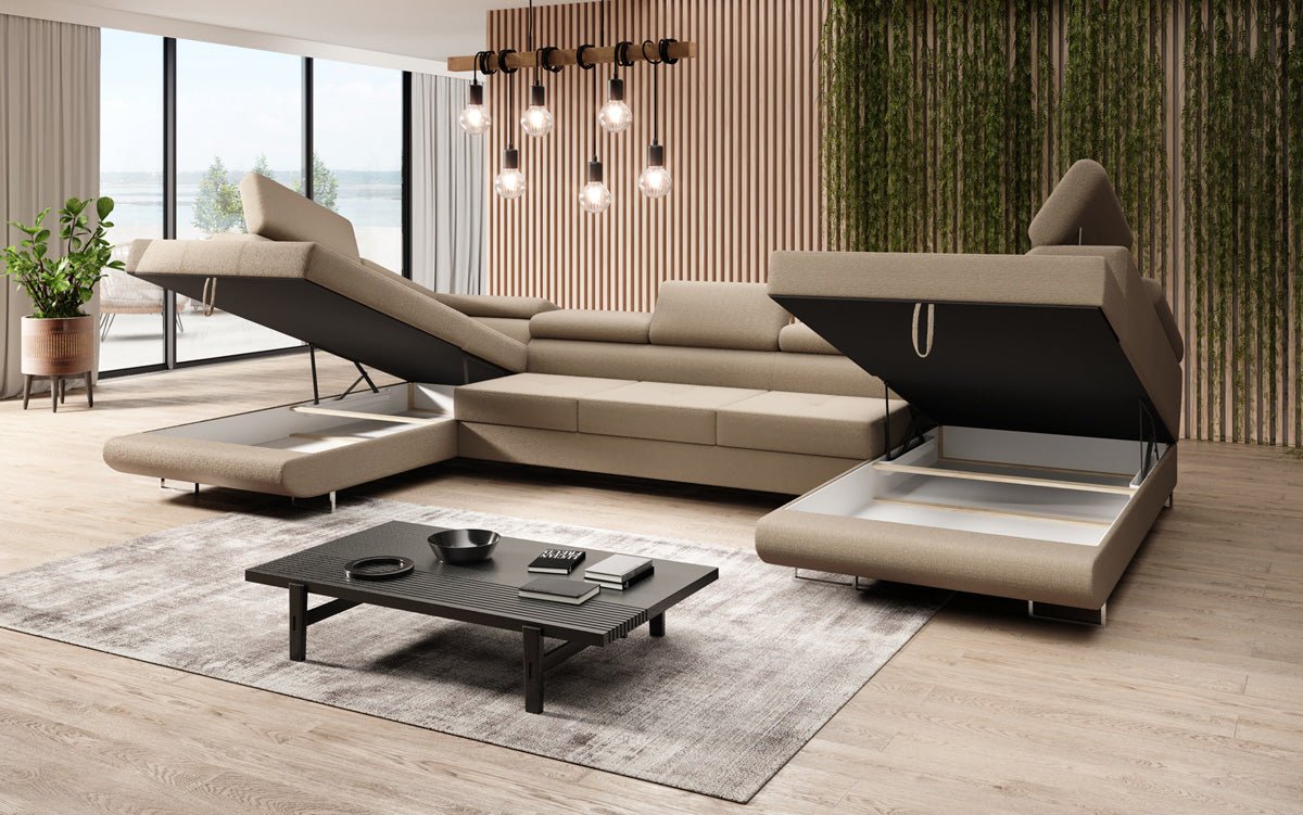 Projektowana sofa Taormina z funkcją spania i składania w bouclé