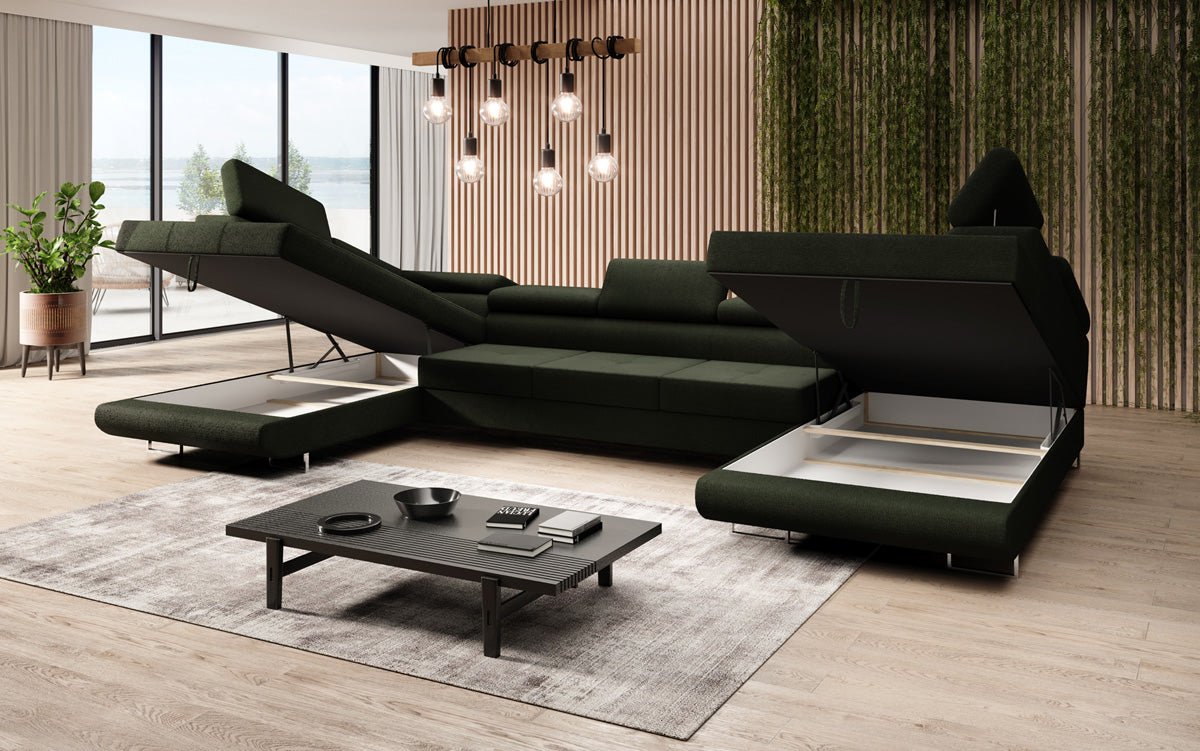 Projektowana sofa Taormina z funkcją spania i składania w bouclé