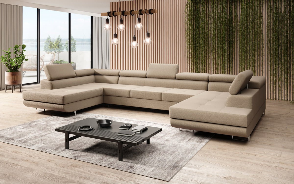 Projektowana sofa Taormina z funkcją spania i składania w bouclé