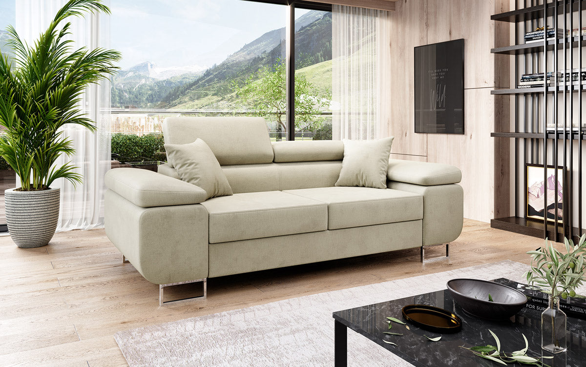 Projektowana dwuosobowa sofa Siera z funkcją spania, obita aksamitem