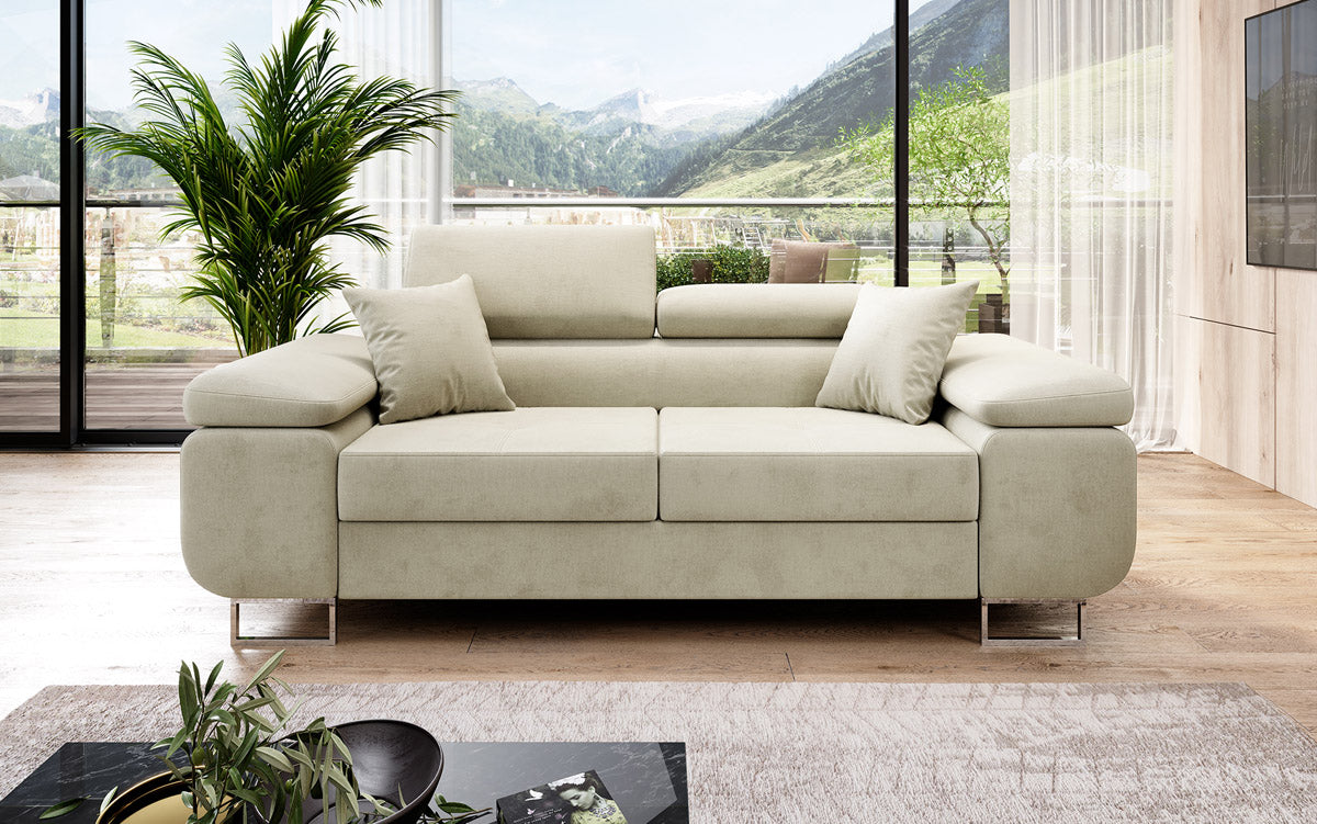 Projektowana dwuosobowa sofa Siera z funkcją spania, obita aksamitem