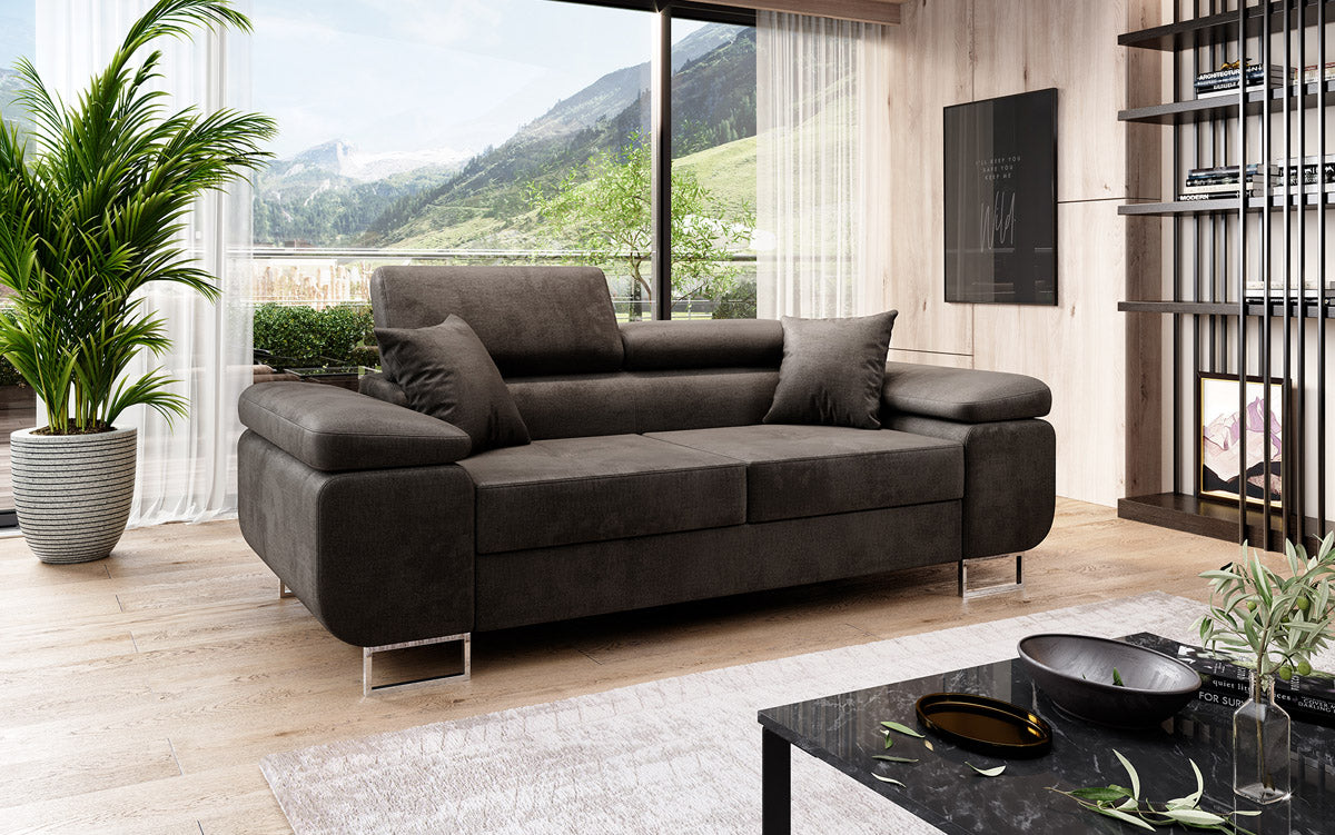 Projektowana dwuosobowa sofa Siera z funkcją spania, obita aksamitem