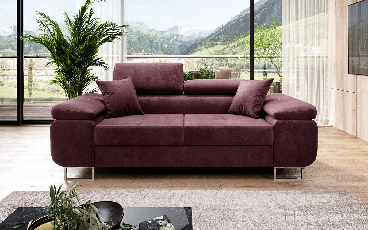 Projektowana dwuosobowa sofa Siera z funkcją spania, obita aksamitem