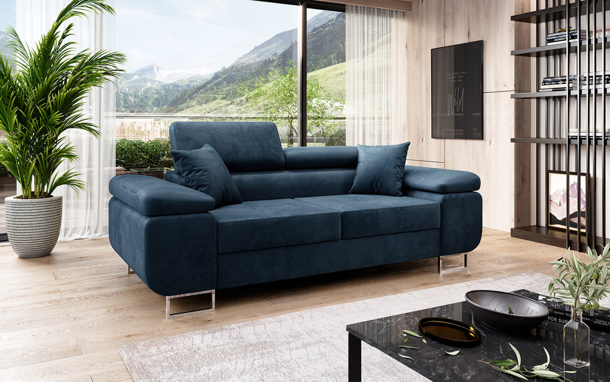 Projektowana dwuosobowa sofa Siera z funkcją spania, obita aksamitem