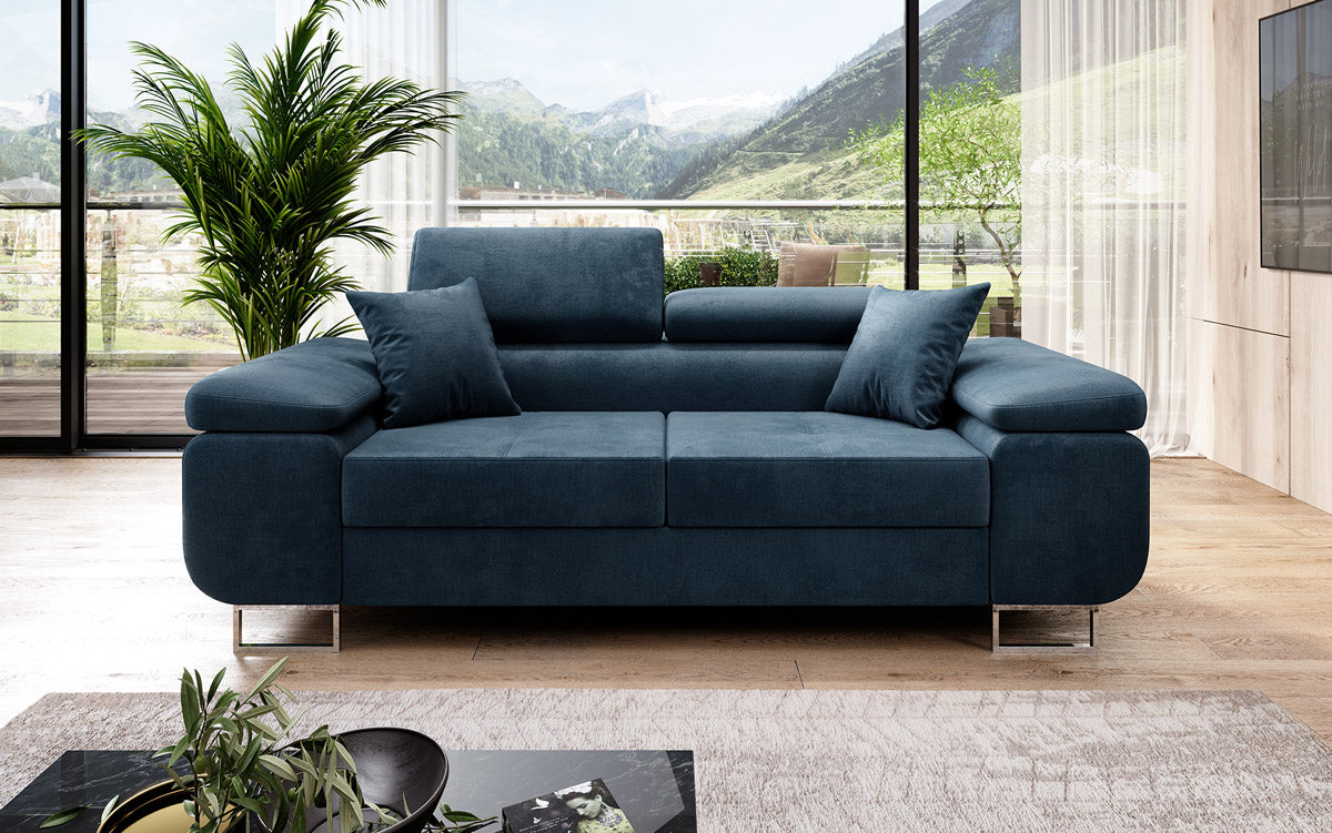 Projektowana dwuosobowa sofa Siera z funkcją spania, obita aksamitem