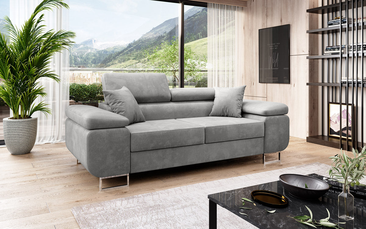 Projektowana dwuosobowa sofa Siera z funkcją spania, obita aksamitem