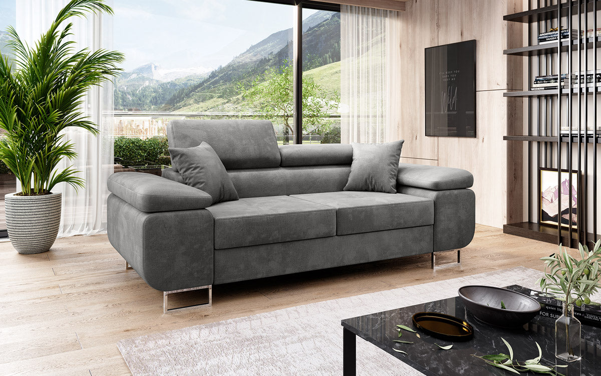 Projektowana dwuosobowa sofa Siera z funkcją spania, obita aksamitem