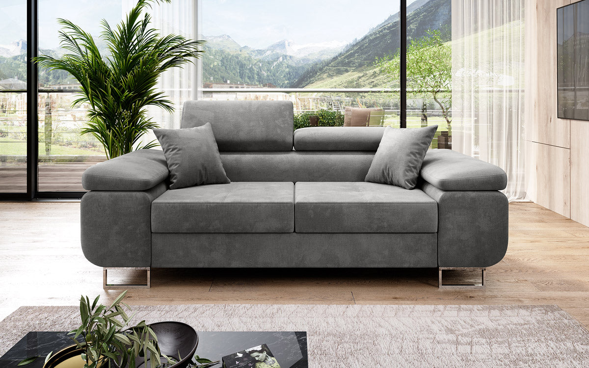 Projektowana dwuosobowa sofa Siera z funkcją spania, obita aksamitem