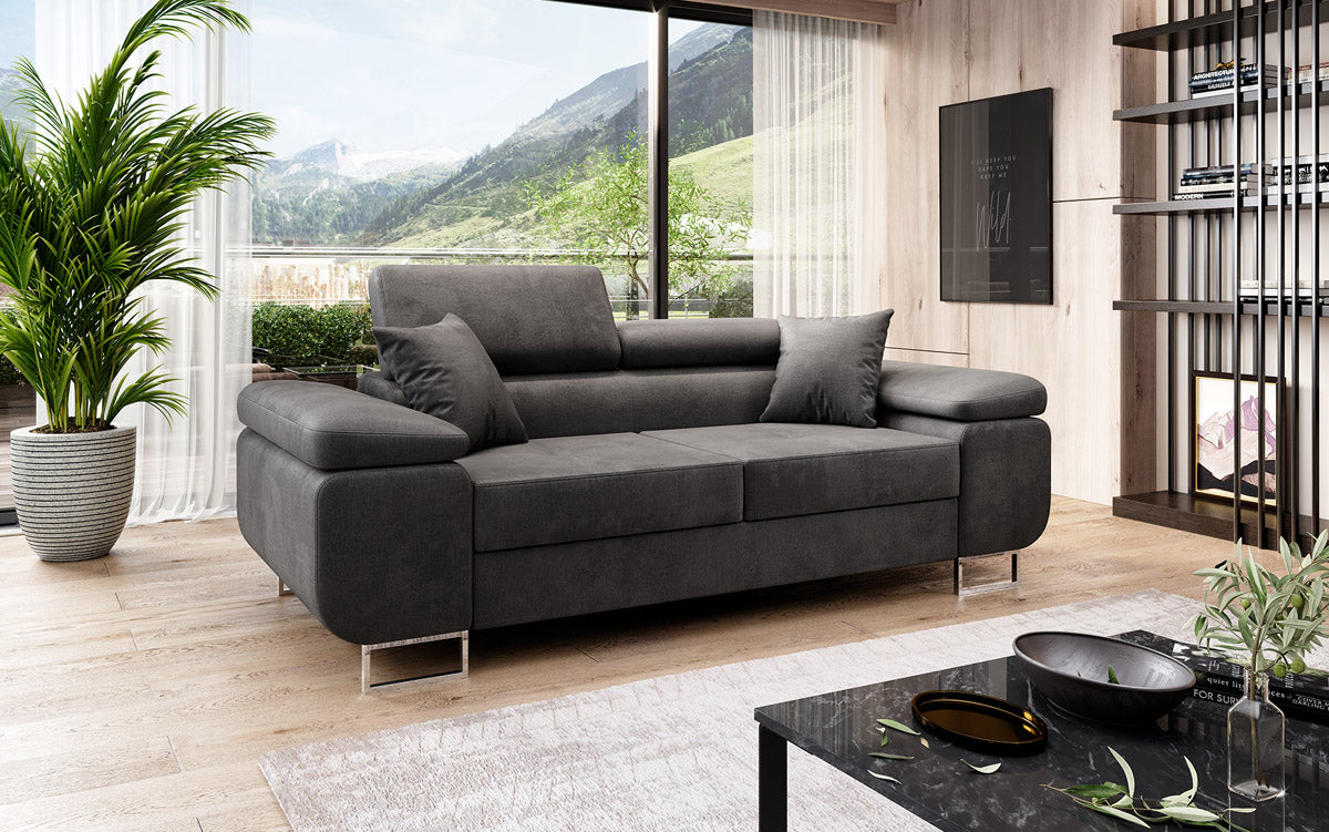 Projektowana dwuosobowa sofa Siera z funkcją spania, obita aksamitem