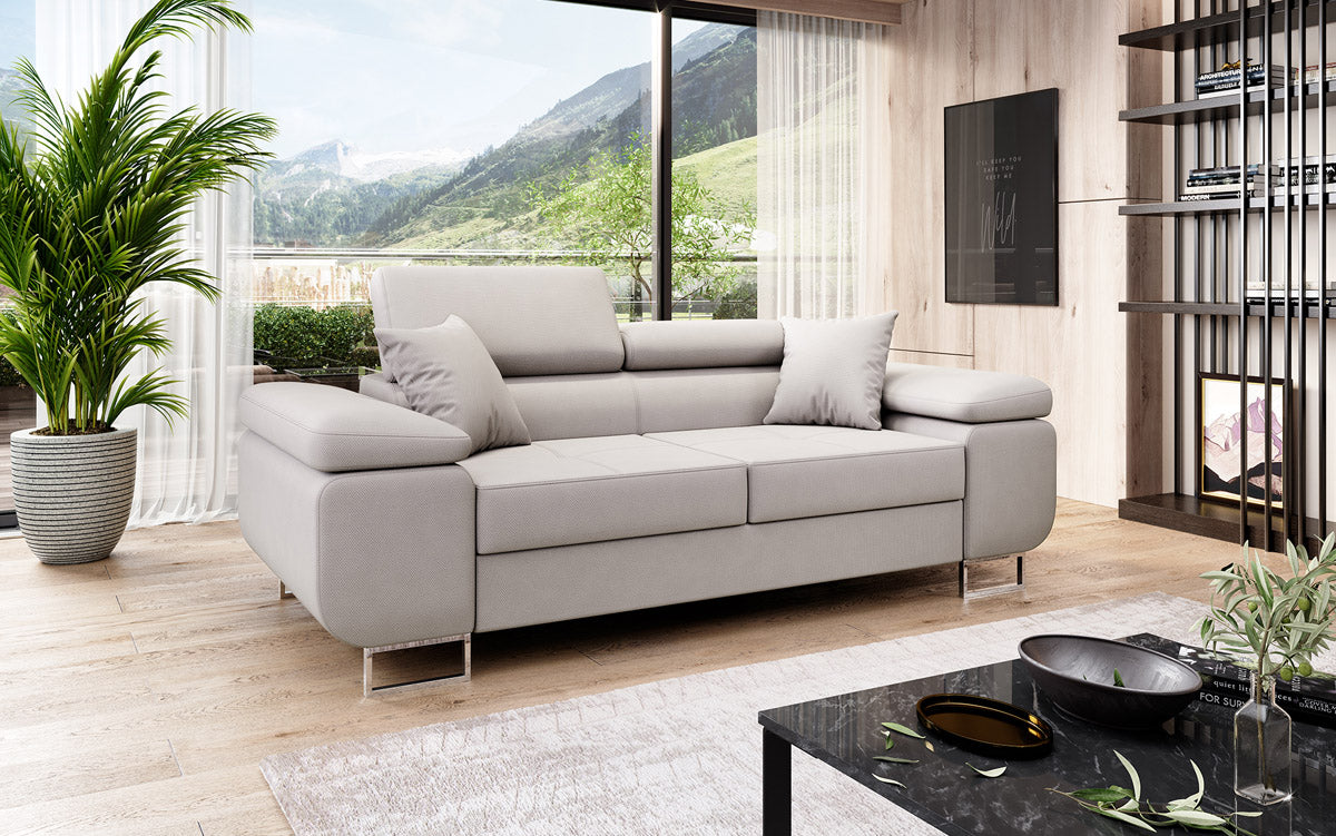 Projektowana 2-osobowa sofa Triora z funkcją spania, tapicerowana tkaniną