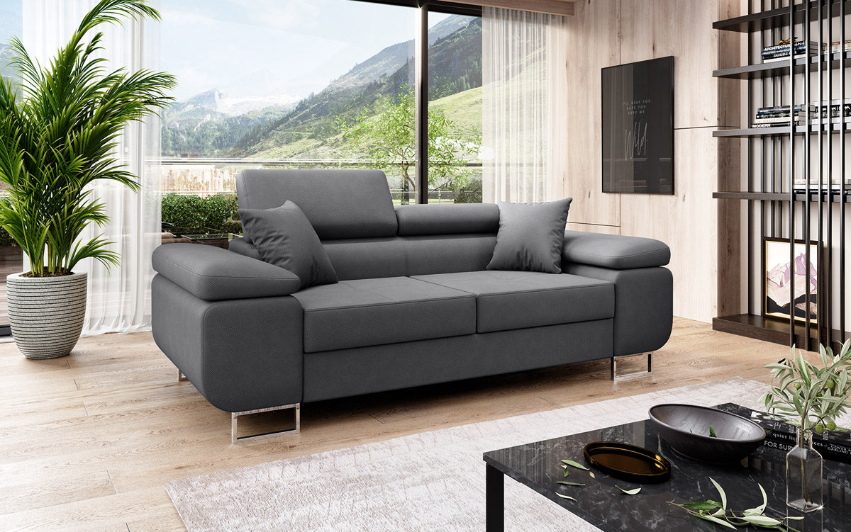 Projektowana 2-osobowa sofa Triora z funkcją spania, tapicerowana tkaniną