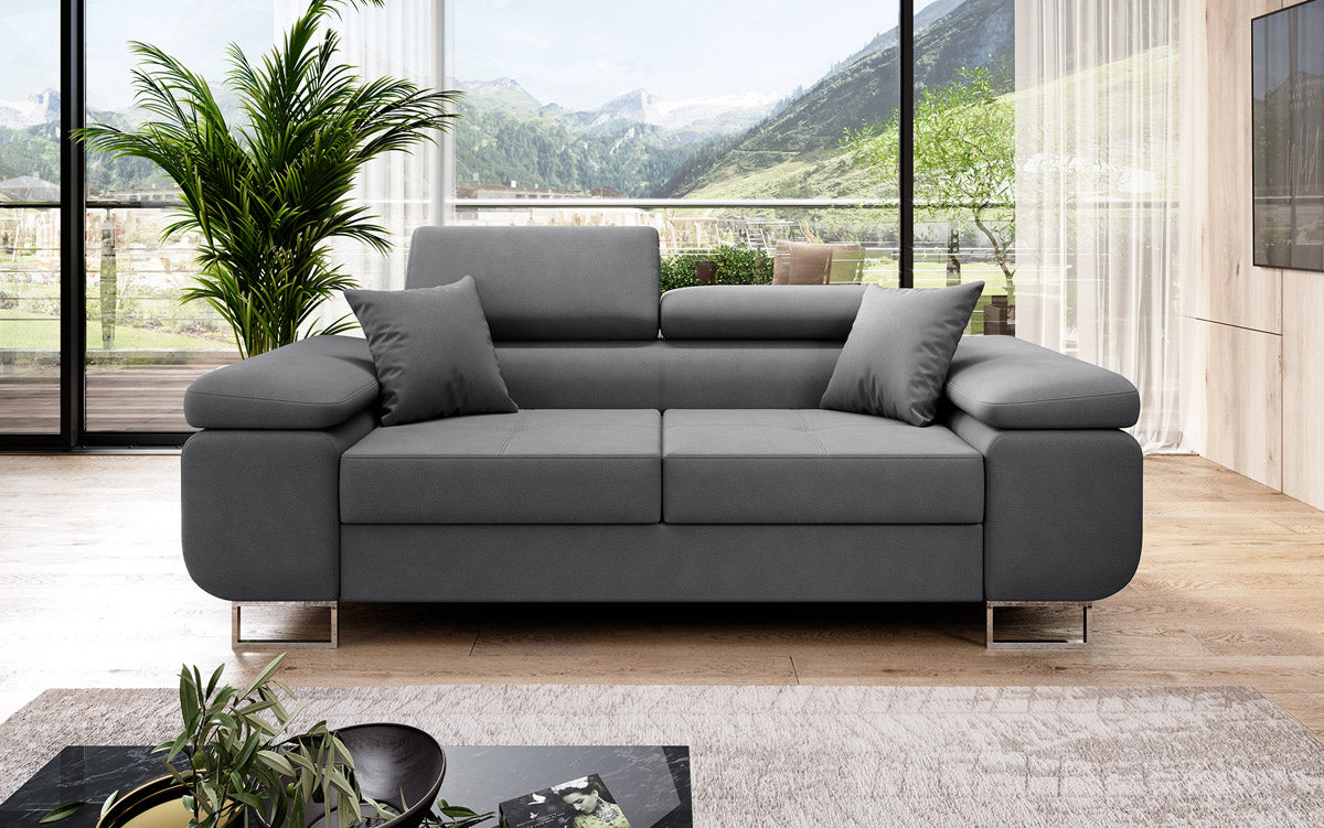 Projektowana 2-osobowa sofa Triora z funkcją spania, tapicerowana tkaniną
