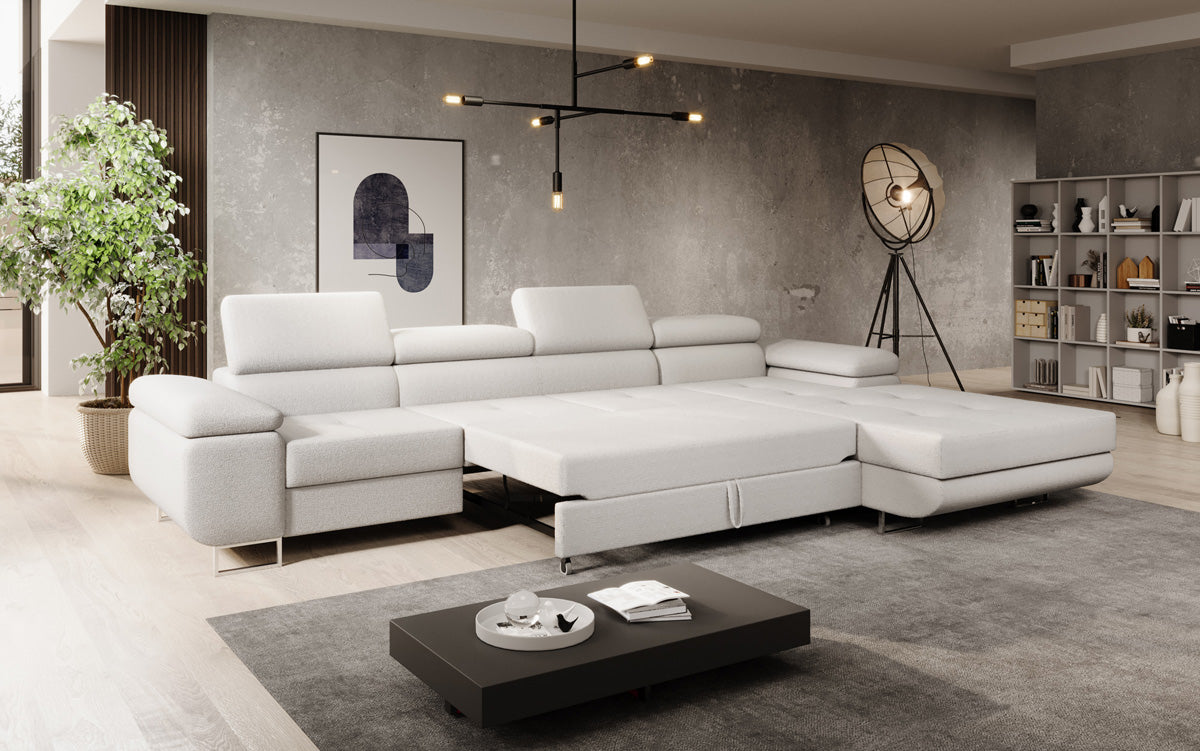 Projektowana sofa Calvera Maxi z funkcją spania i składania w bouclé