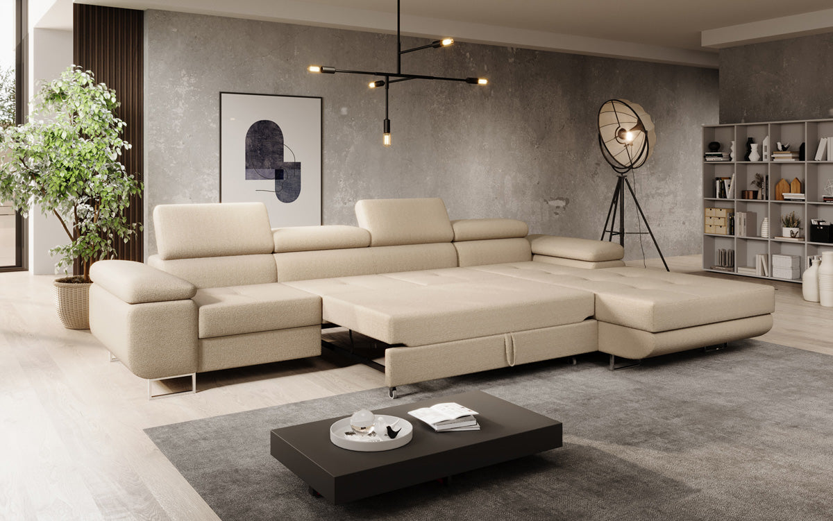 Projektowana sofa Calvera Maxi z funkcją spania i składania w bouclé