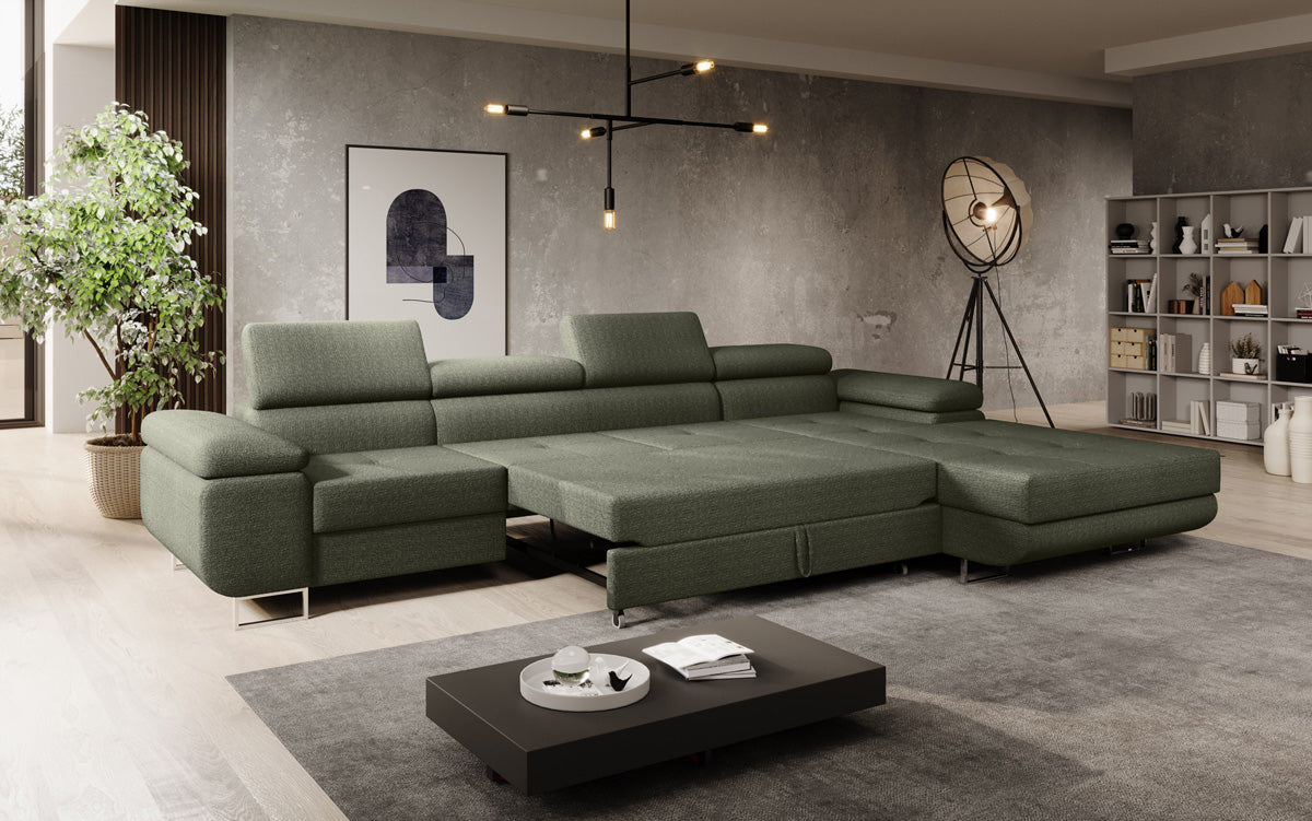 Projektowana sofa Calvera Maxi z funkcją spania i składania w bouclé