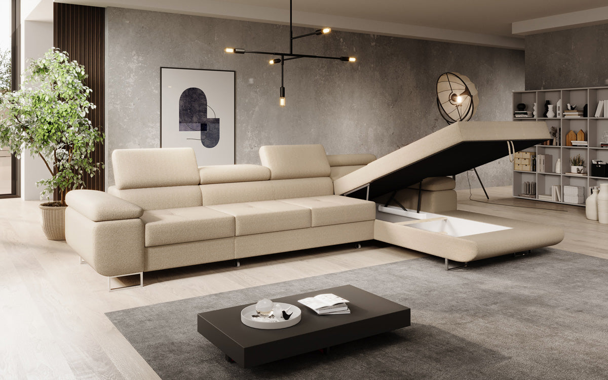 Projektowana sofa Calvera Maxi z funkcją spania i składania w bouclé