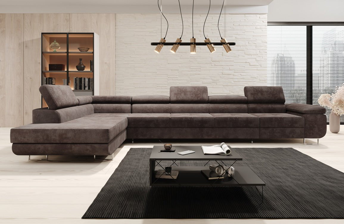 Projektowana sofa Maxi z funkcją spania i składania, obita kordem