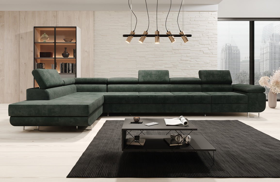 Projektowana sofa Maxi z funkcją spania i składania, obita kordem