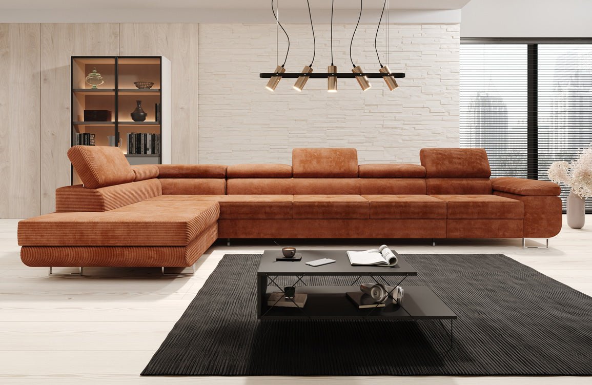 Projektowana sofa Maxi z funkcją spania i składania, obita kordem