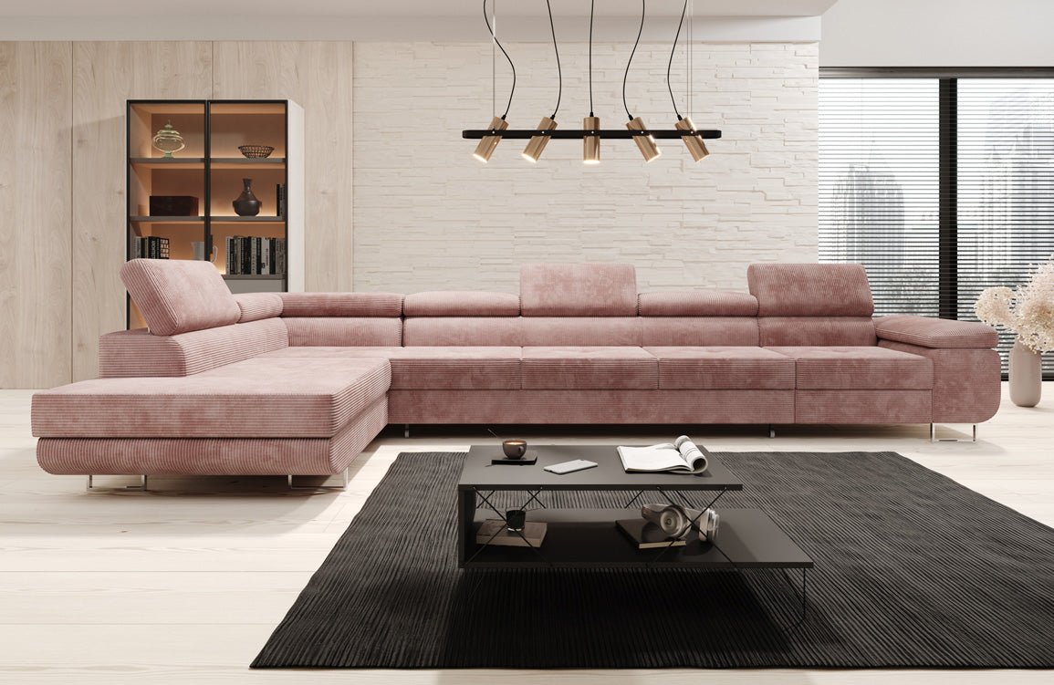 Projektowana sofa Maxi z funkcją spania i składania, obita kordem
