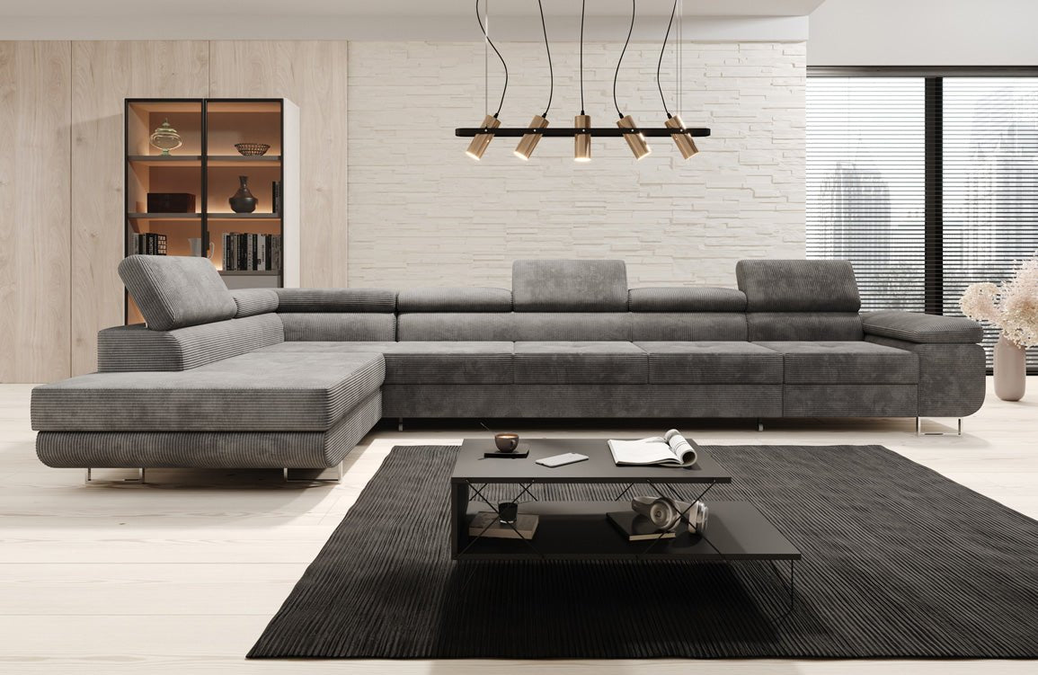 Projektowana sofa Maxi z funkcją spania i składania, obita kordem