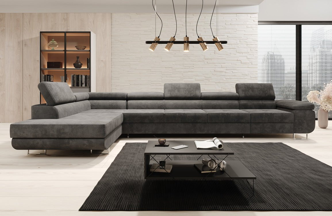 Projektowana sofa Maxi z funkcją spania i składania, obita kordem