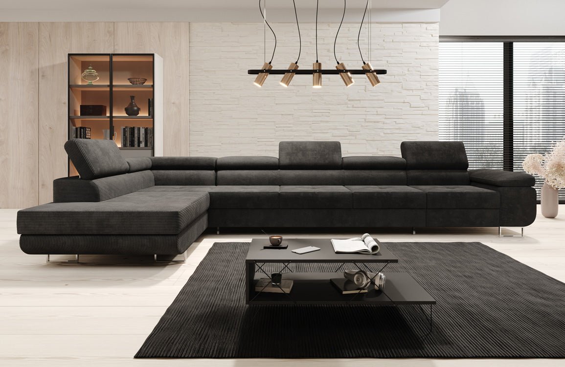 Projektowana sofa Maxi z funkcją spania i składania, obita kordem