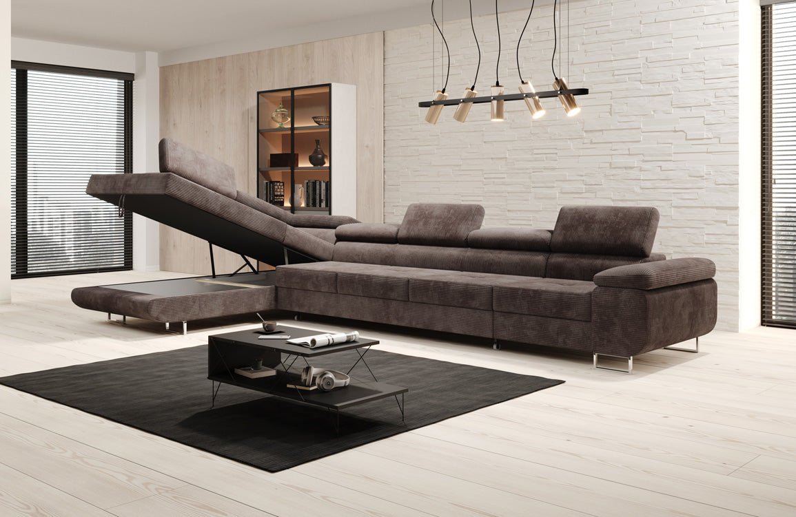 Projektowana sofa Maxi z funkcją spania i składania, obita kordem