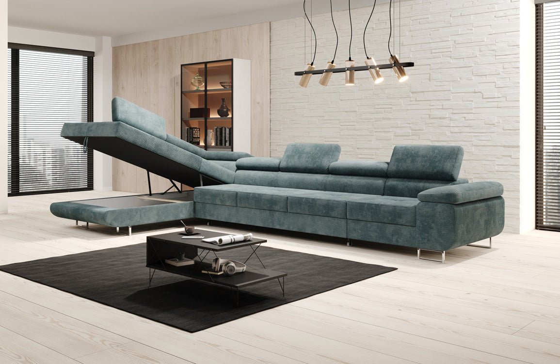 Projektowana sofa Maxi z funkcją spania i składania, obita kordem