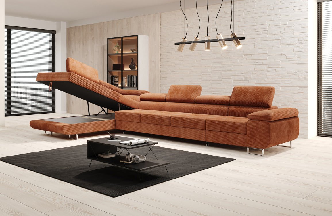 Projektowana sofa Maxi z funkcją spania i składania, obita kordem