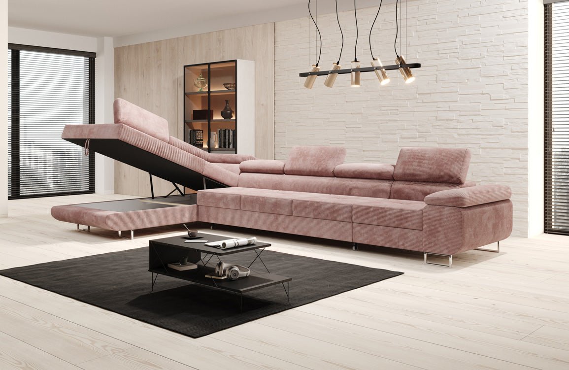 Projektowana sofa Maxi z funkcją spania i składania, obita kordem