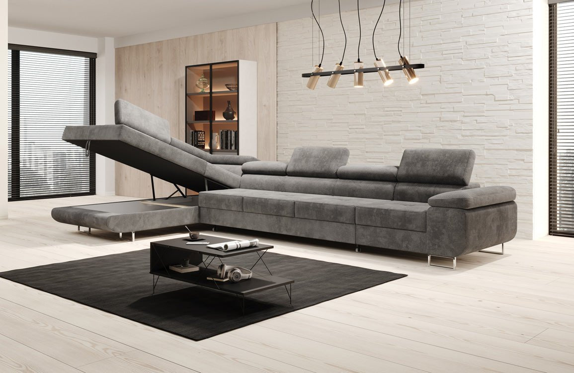 Projektowana sofa Maxi z funkcją spania i składania, obita kordem