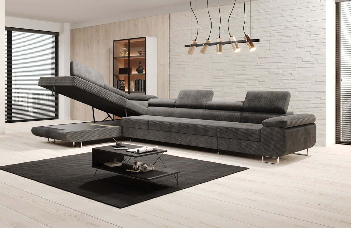 Projektowana sofa Maxi z funkcją spania i składania, obita kordem