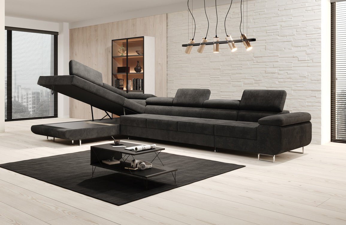 Projektowana sofa Maxi z funkcją spania i składania, obita kordem