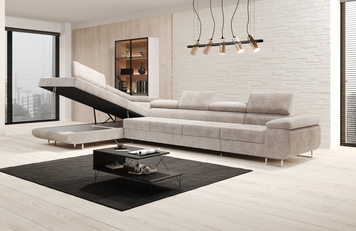 Projektowana sofa Maxi z funkcją spania i składania, obita kordem