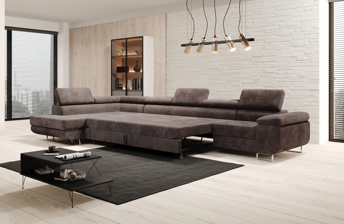 Projektowana sofa Maxi z funkcją spania i składania, obita kordem
