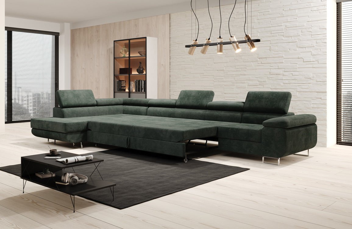 Projektowana sofa Maxi z funkcją spania i składania, obita kordem