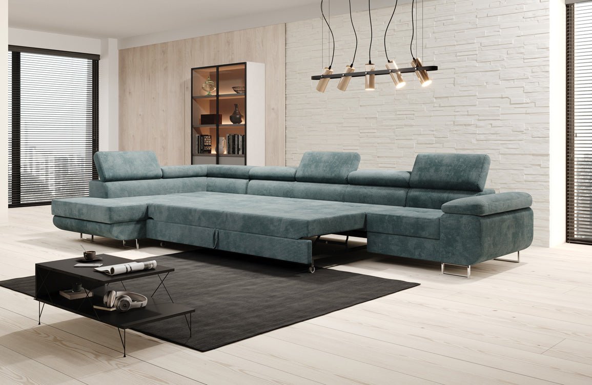 Projektowana sofa Maxi z funkcją spania i składania, obita kordem