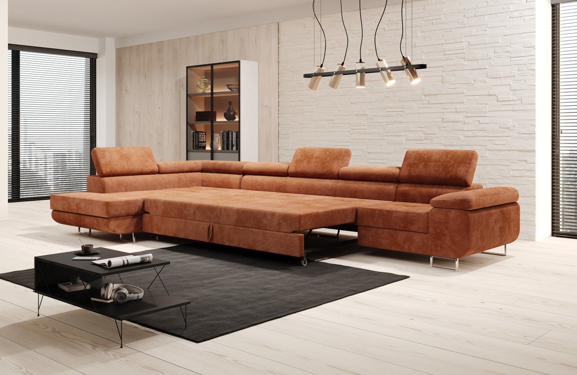 Projektowana sofa Maxi z funkcją spania i składania, obita kordem