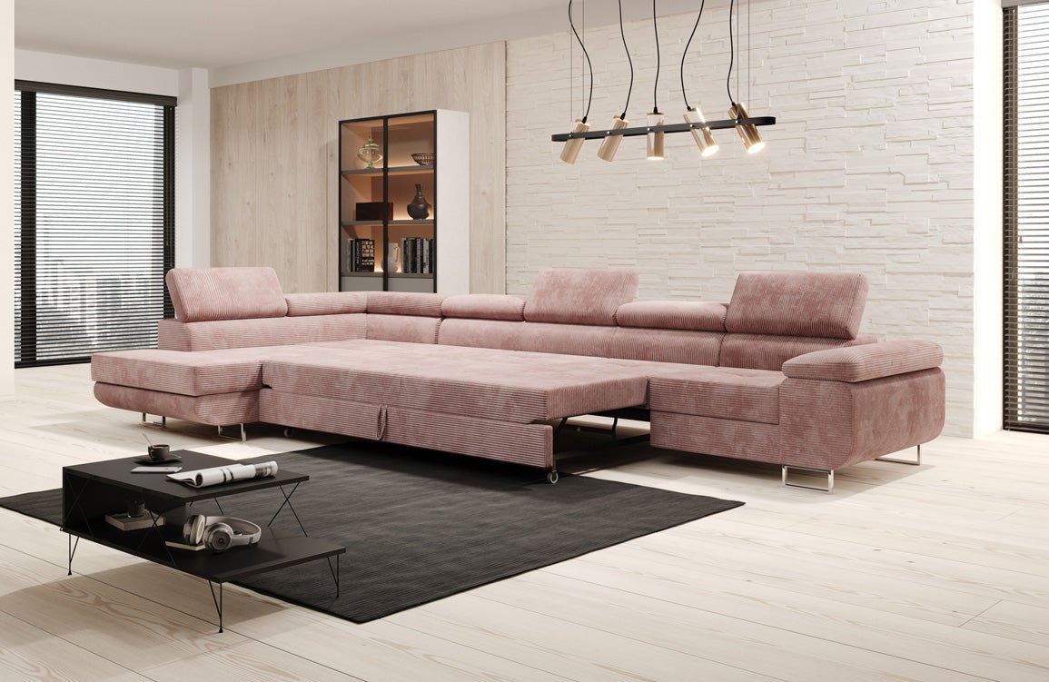 Projektowana sofa Maxi z funkcją spania i składania, obita kordem