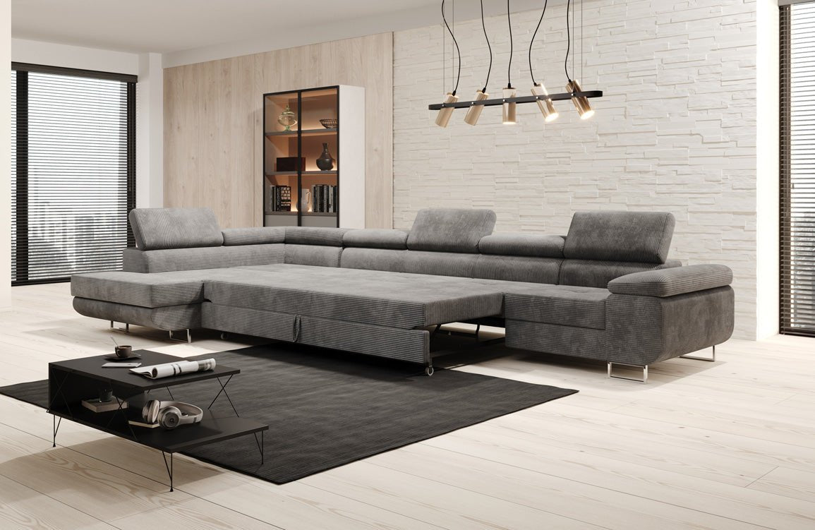 Projektowana sofa Maxi z funkcją spania i składania, obita kordem