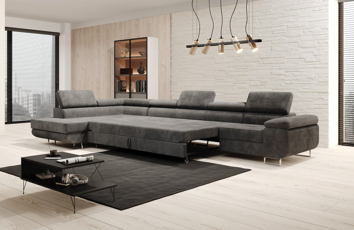 Projektowana sofa Maxi z funkcją spania i składania, obita kordem