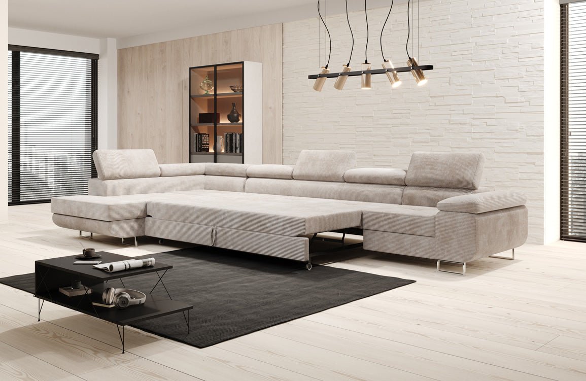 Projektowana sofa Maxi z funkcją spania i składania, obita kordem