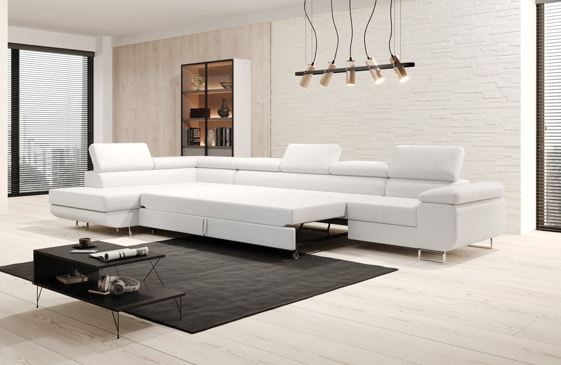 Projektowana sofa Maxi z funkcją spania i składania w bouclé