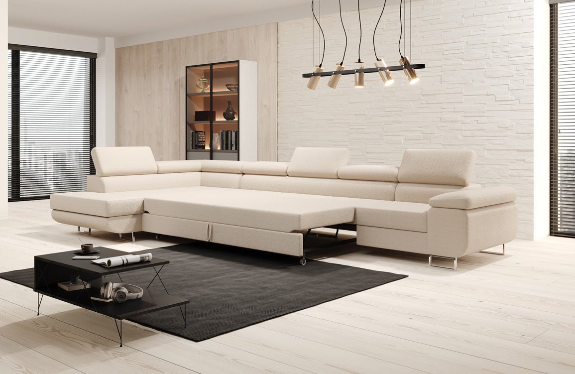 Projektowana sofa Maxi z funkcją spania i składania w bouclé