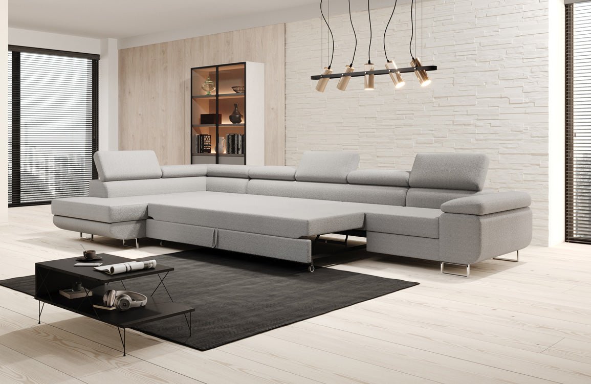 Projektowana sofa Maxi z funkcją spania i składania w bouclé